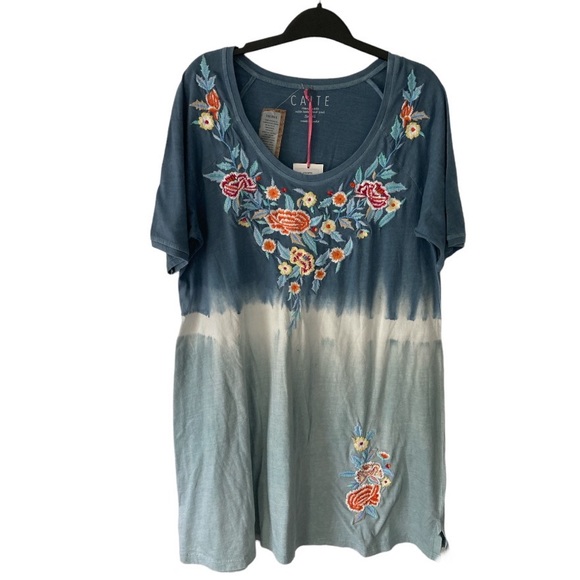 Boho Cotton T Shirt Dress Blue Tie Dye Knee Length Embroidered Short Sleeve sml - Picture 5 of 6